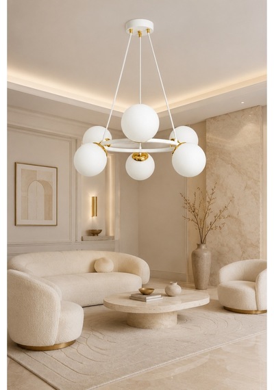 Focus 6'lı Beyaz Renk Beyaz Glob Camlı Modern Sarkıt Avize Oturma Odası Salon Beyaz Beyaz