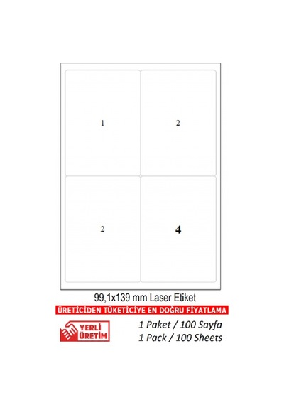 A1 Etiket 2004 Ebat Lazer Etiket A4 Sayfada 4 Etiket 99.1 x 139 MM