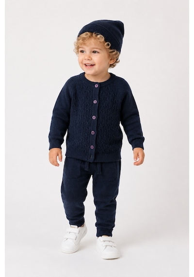 Babyhola Unisex Triko Saç Örgülü Alt Üst Bere 3'lü Takım 22108 Lacivert