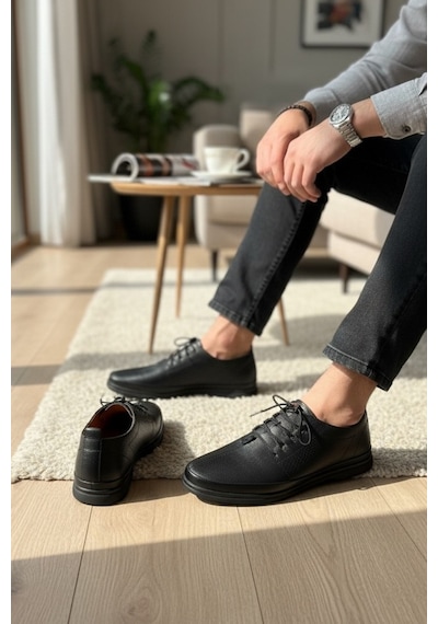 Enoch Hakiki Deri Siyah Delikli Detaylı Erkek Sneaker Ortopedik Taban Siyah