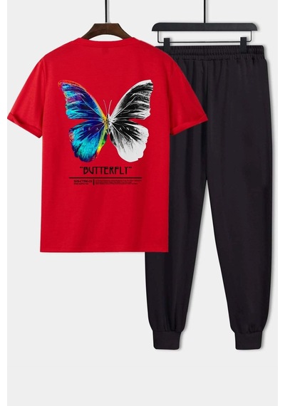 Uyguntarz Unisex Butterfly Baskılı 2'li Eşofman Takımı Kırmızı