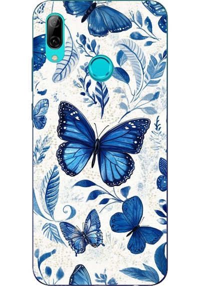 Huawei P Smart 2019 Uyumlu Mavi Kelebekler Baskılı Silikon Kılıf Renkli