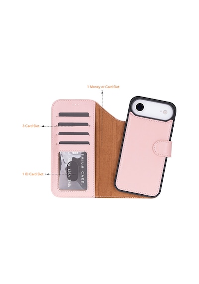 Bloomcase Magic Wallet Blush Hakiki Deri Apple Uyumlu iPhone 17 Air 6.5" Cüzdanlı Telefon Kılıfı Pembe
