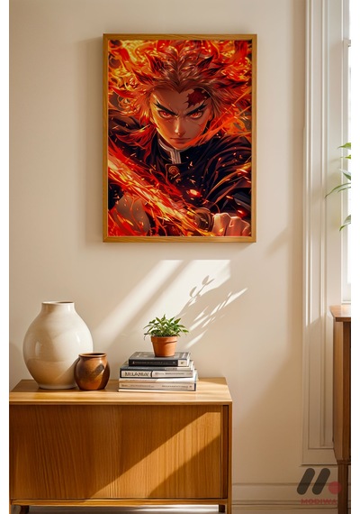 Demon Slayer Rengoku Poster, Ahşap Çerçeveli Duvar Tablosu - Anime Severlere Özel Hediye