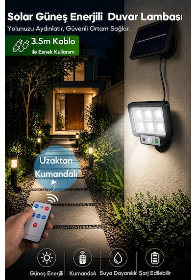 Technosmart 72 Cob Led Solar Ve Usb Şarjlı Sensörlü Kumandalı Split Duvar Lambası 3,5 M Kablolu Ip65