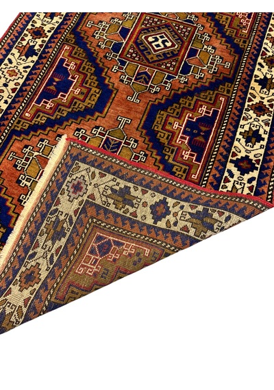 El Dokuma Sıfır Kafkas Halısı 102x160 Kiremit Lacivert Kök Boya Yün Halı Renkli