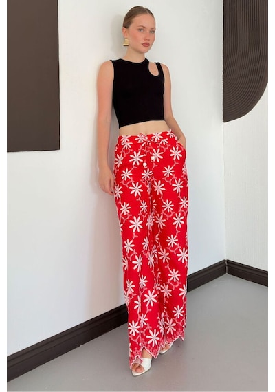 Verymoda D 2913 Nakışlı Pantolon D2913 Kırmızı