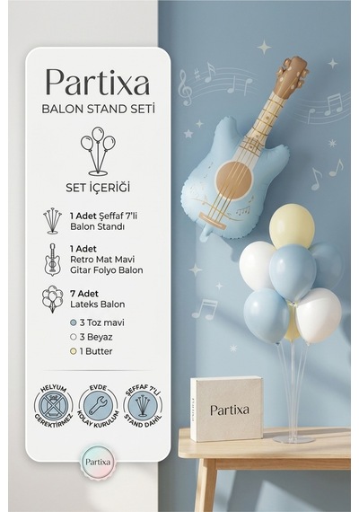 Retro Mat Mavi Gitar Balon Stand Seti Şeffaf 7 Li Stand + Retro Mat Mavi Gitar Folyo Balon + 7 Lateks Balon Retro Mavi