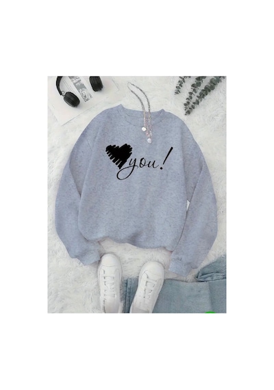 Medinenur Love You Baskılı 2 İplik Şardonlu Bisiklet Yaka Sweatshirt Gri
