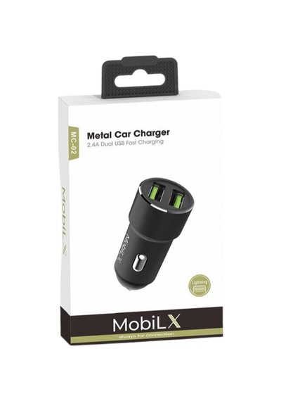 Mobilx Mc-02 2.4a Çift Usb Portlu Metal Araç Şarj Cihazı Type-c Ve Lightning Kablo Uyumlu Siyah