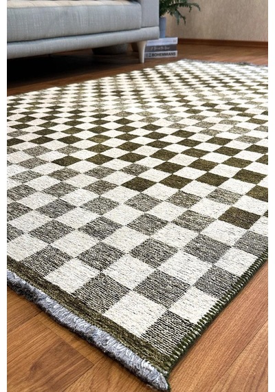 Yeşil Beyaz Modern Geometrik Dama Desenli Yıkanabilir Halı - Yo30035xm Yeşil - Beyaz