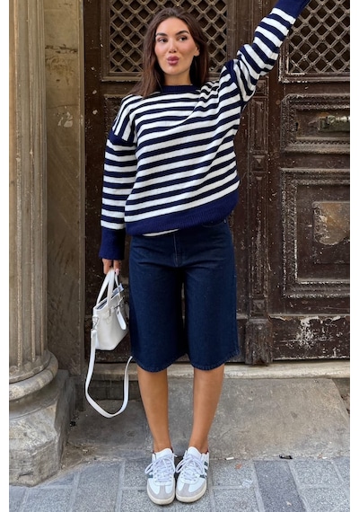 Madmext Lacivert Çizgili Bisiklet Yaka Oversize Kadın Kazak Mg2894