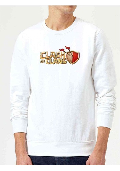 Clash Of Clans Logo Baskılı Beyaz Erkek Örme Sweatshirt (528427817)