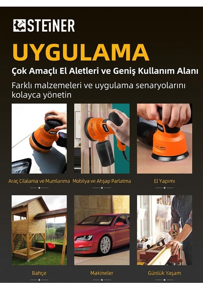 Steiner 700w 6 Kademe Devir Ayarlı 125mm Toz Toplama Sistemli Eksantrik Zımpara Makinesi Turuncu