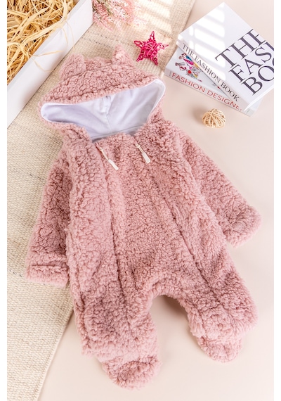 Babymod Kapüşonlu Ayıcık Fiğürlü Welsoft Peluş Kışlık Kız/erkek Bebek Tulum Gülkurusu