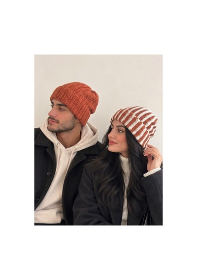 Nurera Design Kışlık Şapka/çift Sevgili Kombin 2'li Bere Turuncu Turuncu