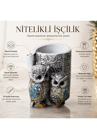 Lüks İşlemeli Aynalı Baykuş Kalemlik Biblo Dekoratif Heykel Ev Ofis Masa Dekoru Hediyelik 9 X 7 Cm 9 - 11 Cm