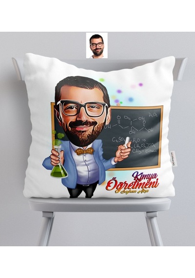 Kişiye Özel Bay Kimya Öğretmeni Karikatürlü Saten Yastık - 1