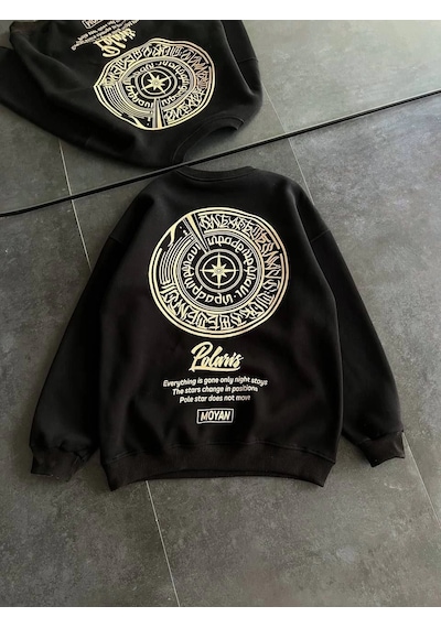 Kışlık Bisiklet Yaka Ön Ve Arka Baskılı Sweatshirt - Siyah Siyah