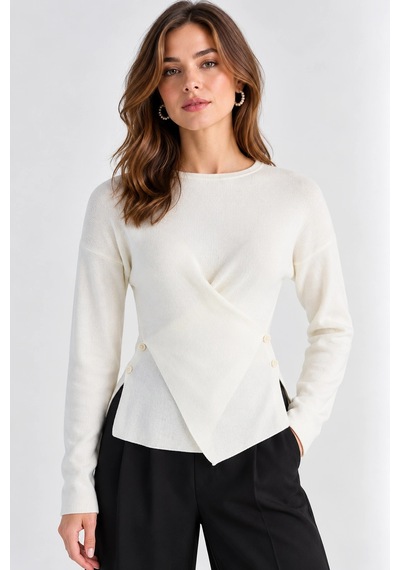 Mevese Kadın Bel Detaylı Kruvaze Yaka Merserize Triko Bluz - Ekru