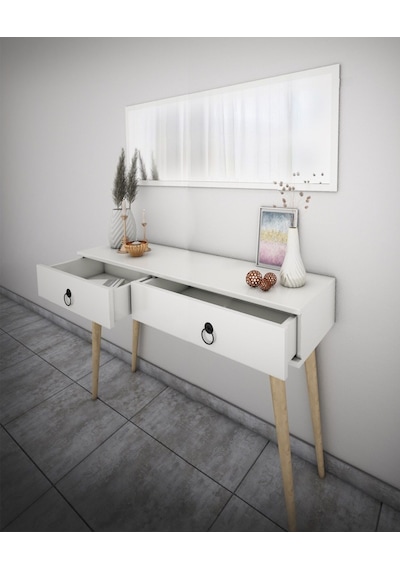 Bicabin Elegance Asia 2 Çekmeceli Ahşap Ayaklı Aynalı  Dresuar Beyaz
