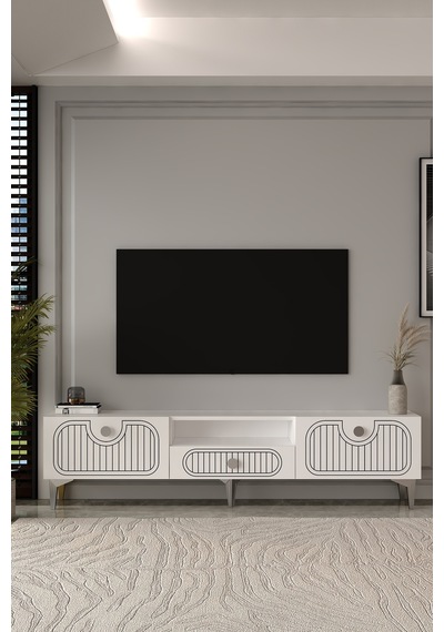 180dhdtsç3bg Hera Lazer Desenli Kapaklı Tv Sehpası,ünitesi Beyaz-gümüş