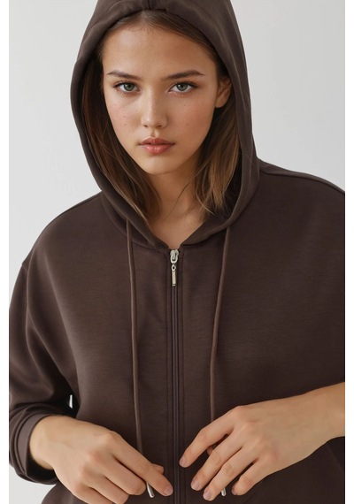 Hiccup Modal Touch Fermuarlı Kapşonlu Sweatshirt Kahve Kahvesi