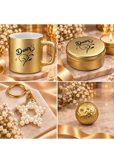 Bk Gift Kişiye Özel İsimli Gold Kahve Fincanı & Mum & Mdf Altlıklı Dekor & Anahtarlık - Hediye Kutulu Gold Set-4