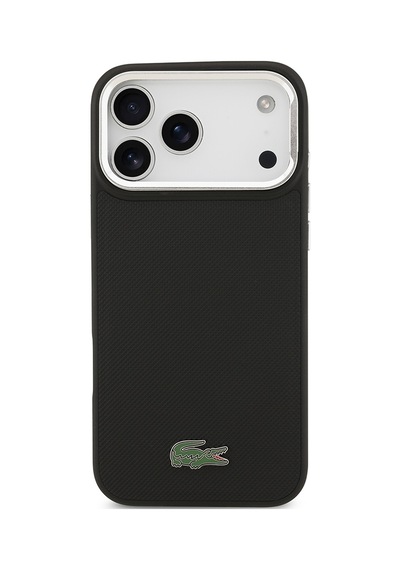 Apple Uyumlu iPhone 17 Pro Max Kılıf Lacoste Lisanslı M-safe Şarjlı Pu Pike Desenli Standlı Metal Logolu Siyah