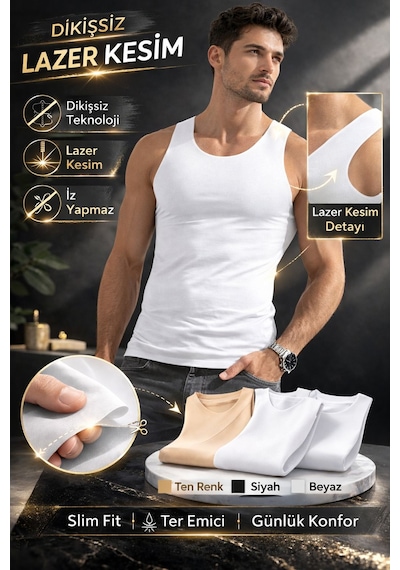 Qulat Berrak Erkek Lazer Kesim Görünmez Dikişsiz Atlet %85 Pamuk %15 Elastan Slim Fit İz Yapmaz/ 2 Adet Beyaz