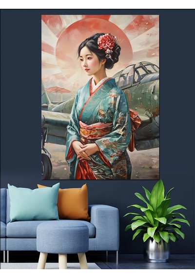 Ahşap Tablo Kimonolu Japon Kadın Portresi