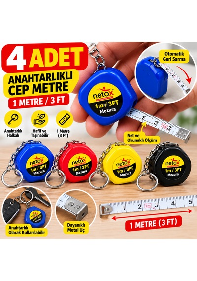 4 Adet Anahtarlıklı Mini Cep Metre 1 Metre 3 Ft Ölçüm Şeridi 1 M