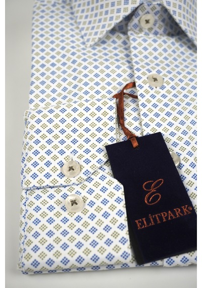 Elitpark Green Point Pattern Pamuklu Cepli Klasik Fit Premium Erkek Gömlek Yeşil Koyu Mavi Nokta Desen