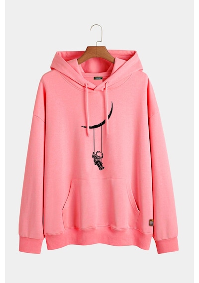 Unisex Pembe Kapüşonlu Salıncak Baskılı Slim Fit Kanguru Cepli Sweatshirt Pembe