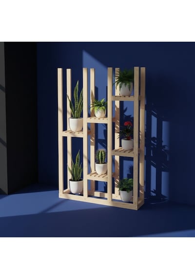 Woodesta Masif Ahşap Dekoratif Çiçeklik - 120x120 Cm Çok Katlı Modern Bahçe Balkon Saksılık Standı Bej