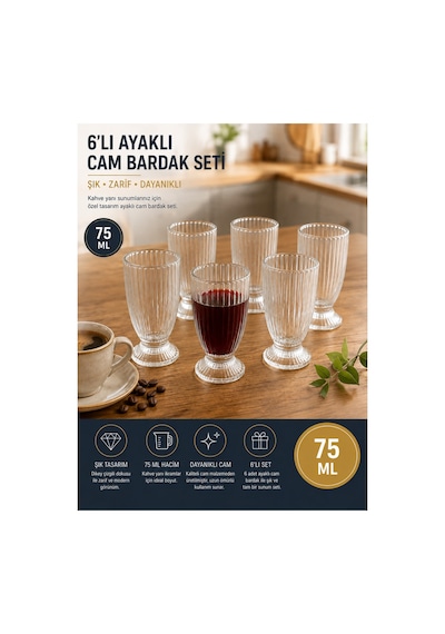 6 Lı Ayaklı Meşrubat Bardağı Seti Şık Çizgili Cam, Su Ve İçecek Sunum Bardağı Beyaz