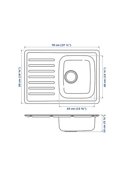 Ikea Fyndıg Tek Gözlü Damlalıklı Eviye, Paslanmaz Çelik, 70x50 Cm