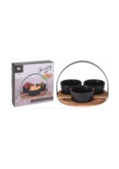 Tantitoni -metal Tutamaçlı Yuvarlak Akasya Ağacı Standlı 4lü Siyah Stoneware Kase Tki 22cm