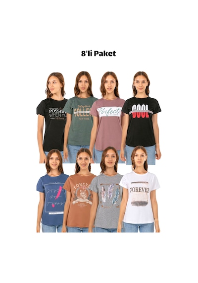Kadın Penye Baskılı 8'li Paket T-shirt Çok Renkli