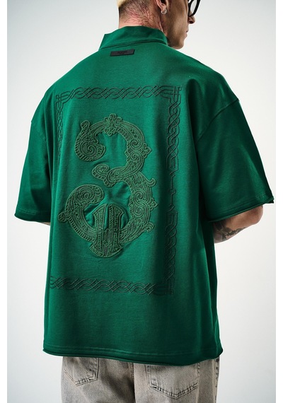 Respire Erkek 3 Nakışlı Yarım Fermuarlı Oversize T-shirt Nefti