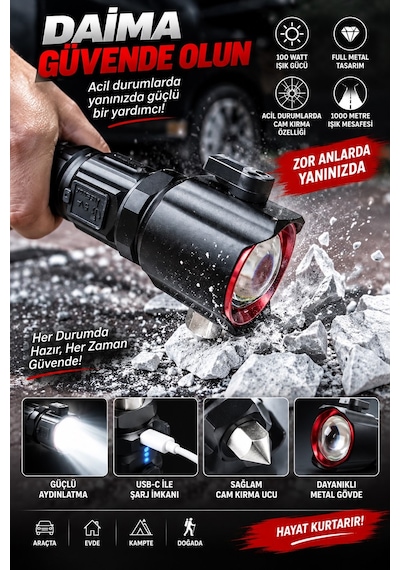 Jasper Jpr-2210 Full Metal Tasarım Çakarlı Zomlu 26650 8800mah Li-ion Bataryaya Sahip El Feneri Siyah