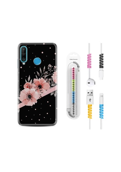 Huawei P30 Lite Kılıf Kablo Koruyuculu Flowers Dots 1423