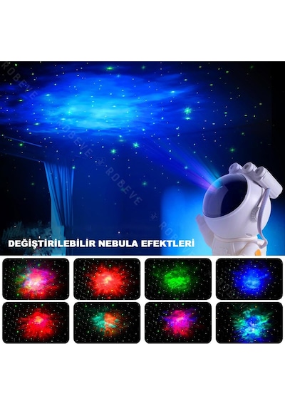 Robeve Astronot Gece Lambası Projektör Uzaktan Kumandalı Çok Renkli Nebula Yıldızlı Zamanlayıcılı Beyaz