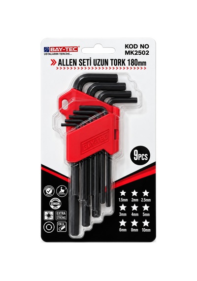 Bay-tec 9 Parça Uzun Torx Alyan Anahtar Takımı L Tipi Yıldız Uçlu Anahtar Seti