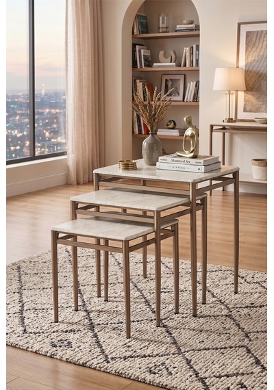 Traverten Desen Membran Kaplama 3'lü Zigon Sehpa Takımı Cappuccino Metal Ayaklı Modern Sehpa Seti