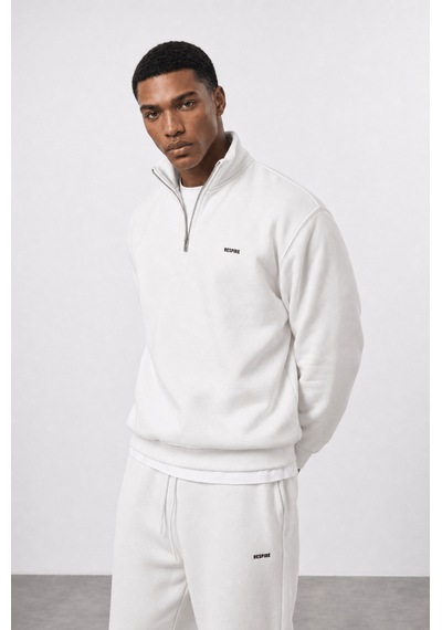 Erkek Respire Basic Half Zip Oversize Sweatshirt Ekru