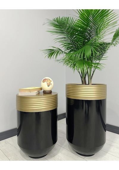 Elegant Dekoratif Eskitme Darbuka Parlak Siyah Saksı 70cm + Sehpa 60cm İkili Set