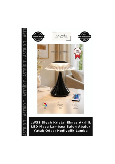 Lw31 Siyah Kristal Elmas Akrilik Led Masa Lambası Salon Abajur Yatak Odası Hediyelik Lamba