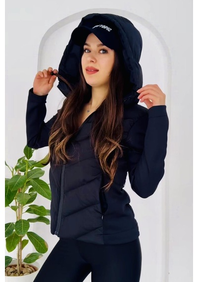 Prifaldi Kadın Softshell Kollu Kapüşonlu Çift Cepli Termal Şişme Mont Siyah