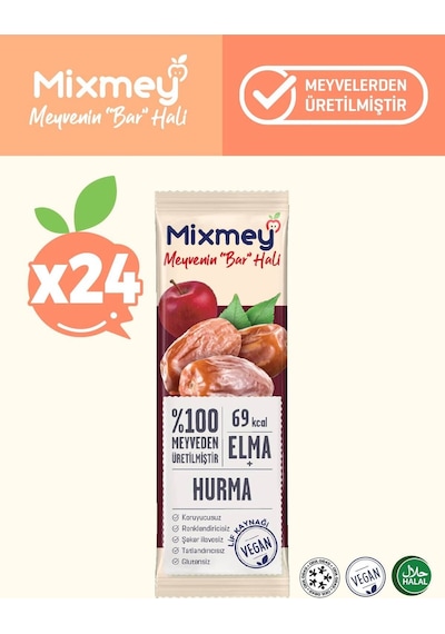 Mixmey Hurma Meyve Barı 24 Adet | Atıştırmalıklar – Vegan, Glutensiz, Koruyucusuz (20GR X 24 ADET)